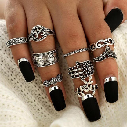 9pcs Tocona Boho Midi Finger Rings Set ~ Hollow Out Sliver Knuckle Rings